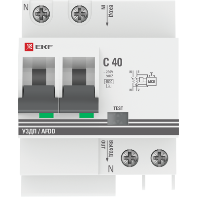 Фотография Устройство защиты от дугового пробоя (УЗДП) с автоматическим выключателем 2P 40А (C) 4,5кА 72 мм EKF PROxima, артикул afdd-2-40C-72-pro